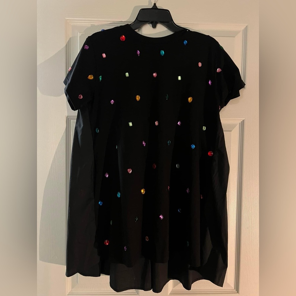 QUEEN OF SPARKLES Black Short Sleeve Dress with Multicolor Embellishments